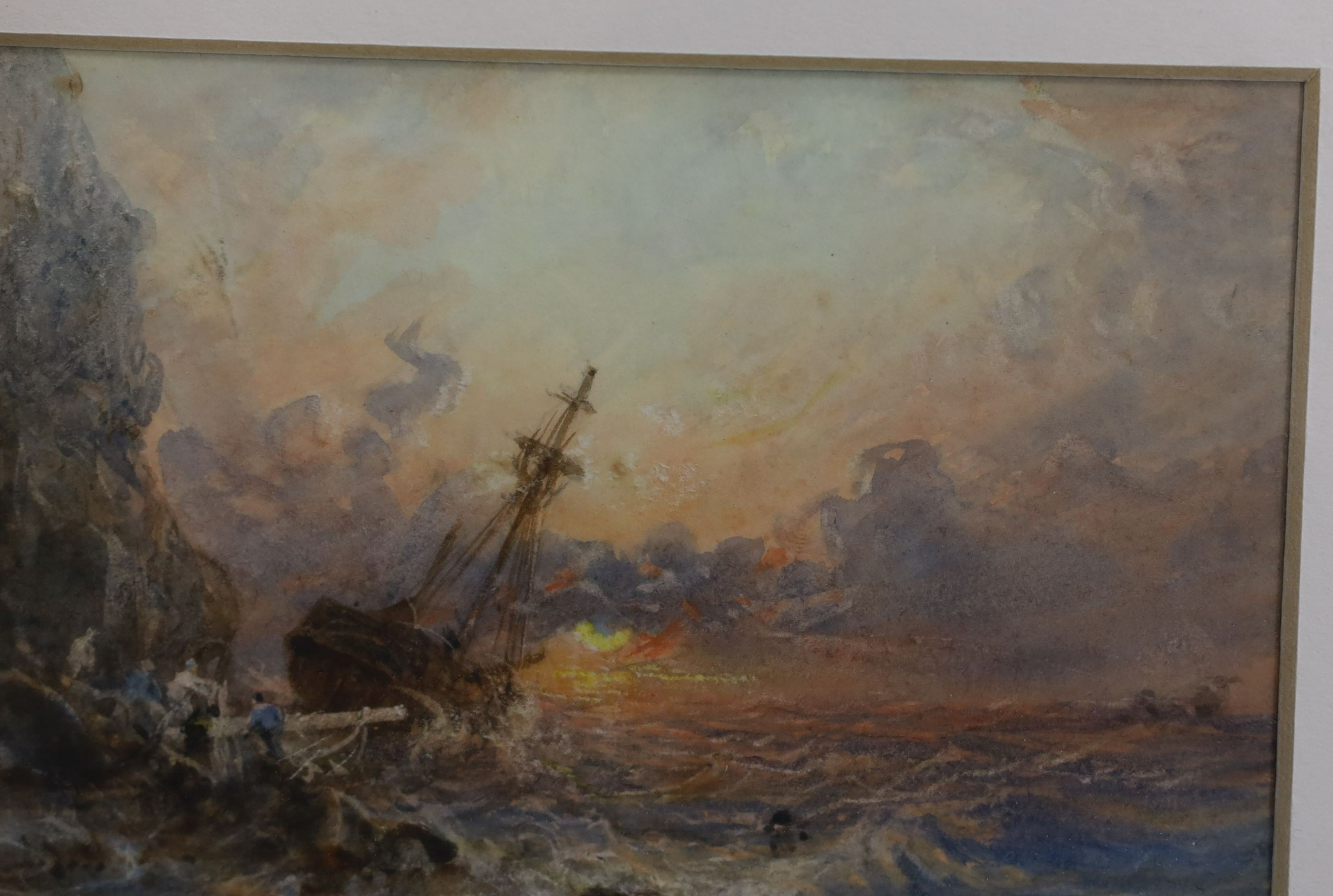 George Weatherill (1810-1890), Ship wrecking on the cliffs, watercolour, 8.5 x 13cm